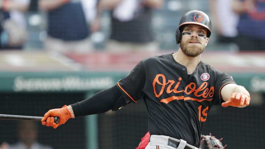 FILE - In this May 18, 2019 file photo, Baltimore Orioles&apos; Chris Davis swings for the final out in the ninth inning of a baseball game against the Cleveland Indians in Cleveland. A January 2020 trip to the Dominican Republic laid the groundwork for the Orioles first baseman and his wife, Jill Davis, to make a global impact amid a pandemic that would shut down baseball two months later. The visit, in partnership with Compassion International, a Christian humanitarian nonprofit focused on helping children in poverty, led to the couple donating  $1 million to Compassion&apos;s “Fill the Stadium” initiative.  (AP Photo/Tony Dejak, File)