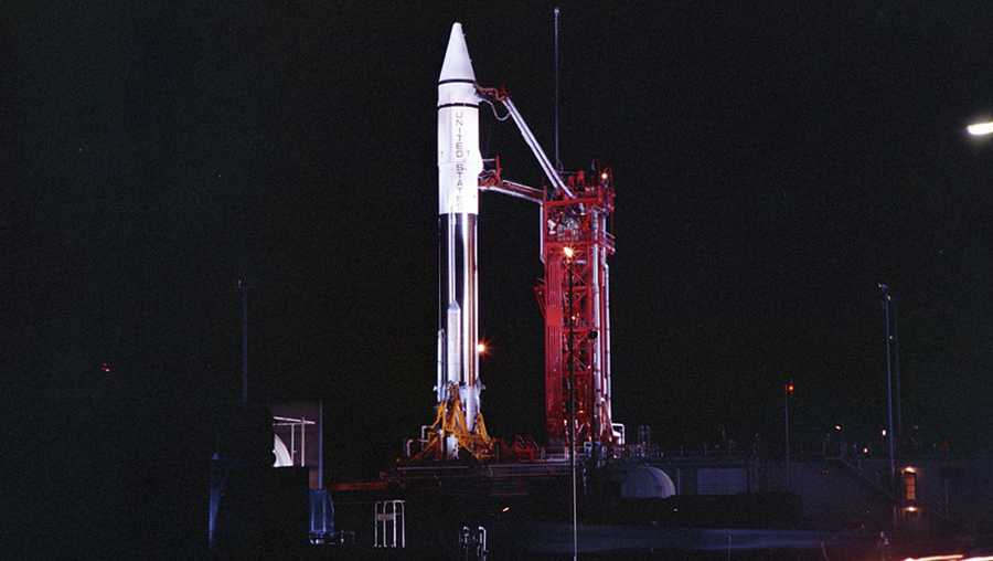 This Sept. 20, 1966 photo provided by the San Diego Air and Space Museum shows an Atlas Centaur 7 rocket on the launchpad at Cape Canaveral, Fla.