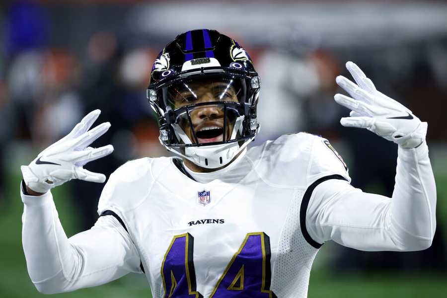 Baltimore Ravens cornerback Marlon Humphrey (44) warms up prior to the start of an NFL football game against the Cleveland Browns, Monday, Dec. 14, 2020, in Cleveland. (AP Photo/Kirk Irwin)