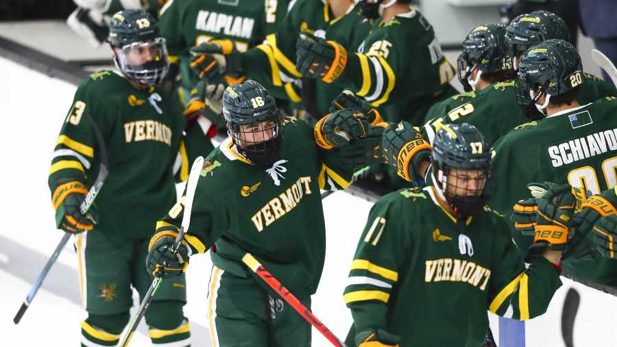 Vermont Catamounts forward Vlad Dzhioshvili #10 celebrates after scoring in the first period during an NCAA hockey game against the Providence Friars on Saturday, Jan. 2, 2021, in Providence, R.I. (AP Photo/Adam Glanzman)