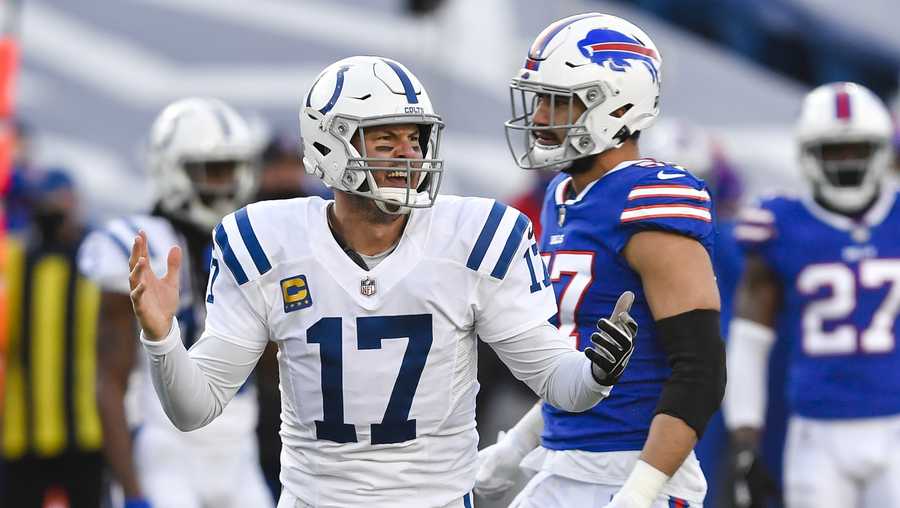 Indianapolis Colts quarterback Philip Rivers (17) reacts during the second half of an NFL wild-card playoff football game against the Buffalo Bills, Saturday, Jan. 9, 2021, in Orchard Park, N.Y. (AP Photo/Adrian Kraus)