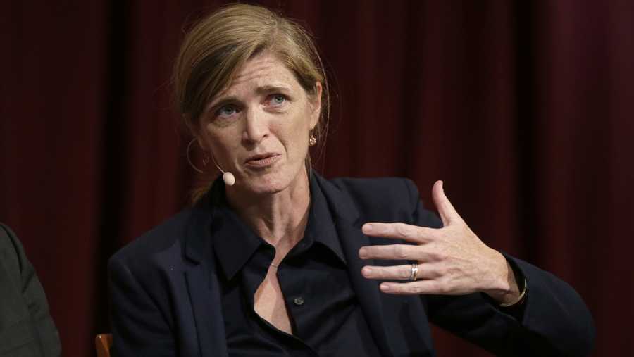 In this Oct. 16, 2017 file photo, Harvard professor Samantha Power, former U.S. Ambassador to the United Nations, addresses an audience at a forum on the campus of Harvard University, in Cambridge, Mass.