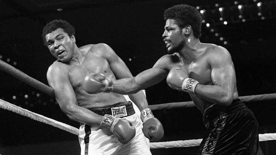 In this Feb. 15, 1978, file photo, Leon Spinks, right, connects with a right hook to Muhammad Ali, during the late rounds of their championship fight in Las Vegas.