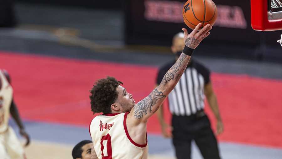 Nebraska guard Teddy Allen (0) makes layup against Penn State in the second half during an NCAA college basketball game Tuesday, Feb. 23, 2021, in Lincoln, Neb. (AP Photo/John Peterson)