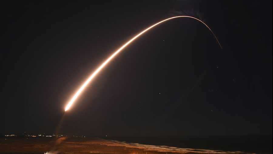 In this photo released by the U.S. Army Space and Missile Defense Command, an unarmed Minuteman 3 intercontinental ballistic missile launches during an operation test at Vandenberg Air Force Base, Calif., on Tuesday, Feb. 23, 2021. The missile was successfully launched from California in a test of the defense system, the U.S. Air Force said Wednesday.  (Brittany E. N. MurphyU.S. Army Space and Missile Defense Command via AP)