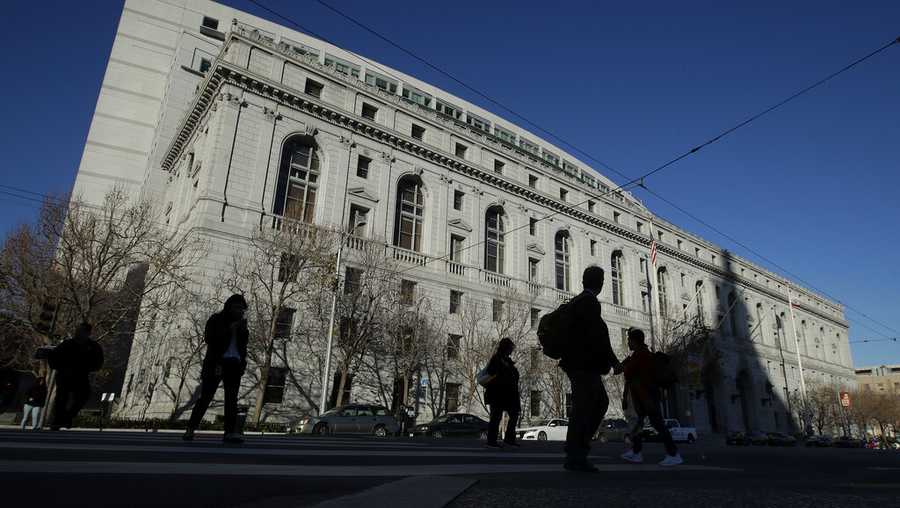 FILE - In this Jan. 7, 2020, file photo, is the Earl Warren Building, headquarters of the Supreme Court of California, in San Francisco. The California Supreme Court on Thursday, Feb. 25, 2021, upheld the state&apos;s 2018 law barring 14 and 15-year-olds from being tried as adults and sent to adult prisons even for serious crimes like murder, arson and robbery, rape or kidnapping. (AP Photo/Jeff Chiu, File)