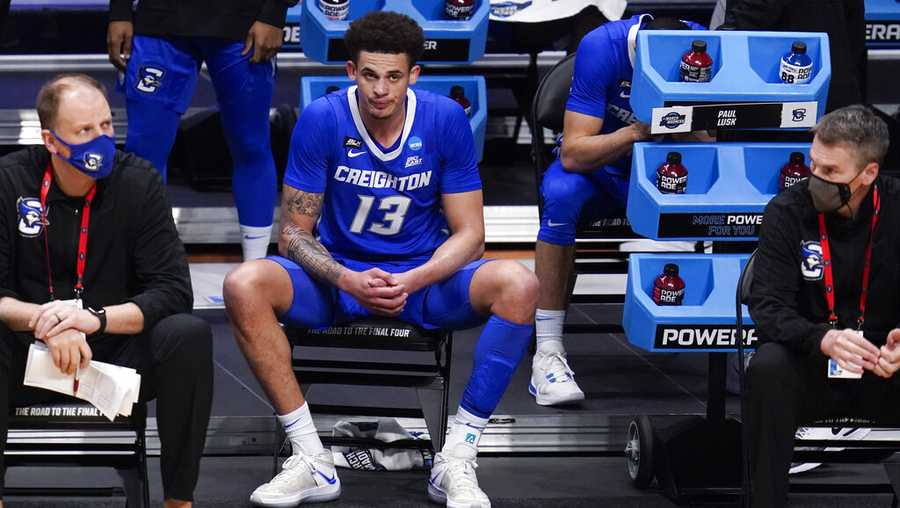 Creighton forward Christian Bishop (13) watches from the bench against Gonzaga in the second half of a Sweet 16 game in the NCAA men&apos;s college basketball tournament at Hinkle Fieldhouse in Indianapolis, Sunday, March 28, 2021. (AP Photo/Michael Conroy)