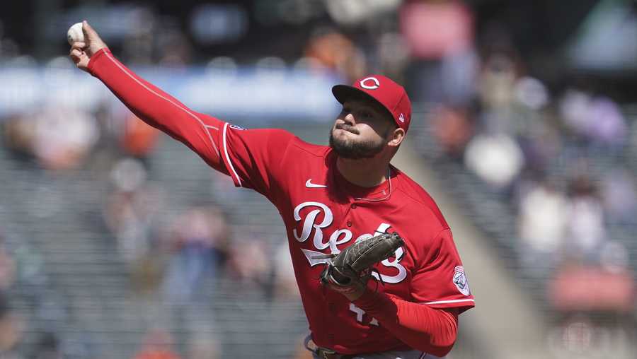 Cincinnati Reds pitcher Sal Romano against the San Francisco Giants during a baseball game in San Francisco, Wednesday, April 14, 2021. (AP Photo/Jeff Chiu)