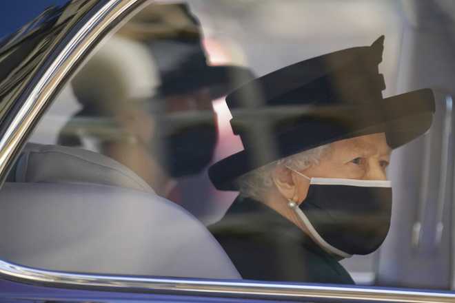 Queen Elizabeth II arrives at St George&amp;apos;s Chapel, Windsor Castle, Windsor, England, Saturday April 17, 2021, for the funeral of Prince Philip. Prince Philip died April 9 at the age of 99 after 73 years of marriage to Britain&amp;apos;s Queen Elizabeth II. (Victoria Jones/Pool via AP)