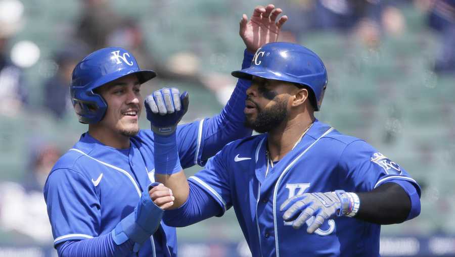Kansas City Royals; Carlos Santana, right, celebrates with second baseman Nicky Lopez after hitting a two-run home run against the Detroit Tigers during the third inning of a baseball game Monday, April 26, 2021, in Detroit. (AP Photo/Duane Burleson)