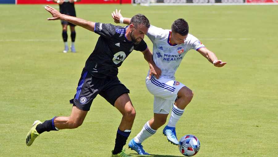 CF Montreal defender Rudy Camacho, left, battles for the ball with FC Cincinnati midfielder Alvaro Barreal, during the first half of an MLS soccer match, Saturday, May 22, 2021, in Fort Lauderdale, Fla. (AP Photo/Wilfredo Lee)