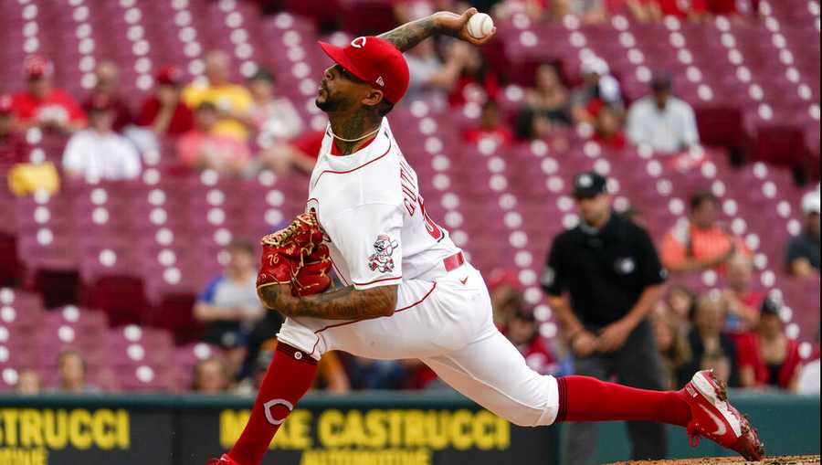Reds starting pitcher Vladimir Gutierrez throws during the first inning of the team&apos;s baseball game against the Milwaukee Brewers in Cincinnati on Wednesday, June 9, 2021. (AP Photo/Jeff Dean)