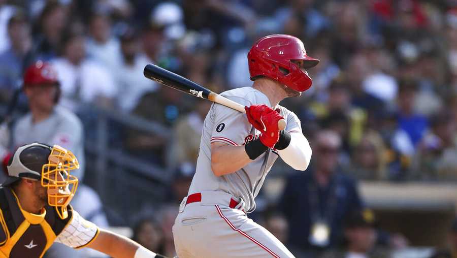 Cincinnati Reds&apos; Tyler Naquin hits an RBI single off San Diego Padres relief pitcher Daniel Camarena in the fifth inning of a baseball game Saturday, June 19, 2021, in San Diego. Jonathan India scored on the play. (AP Photo/Derrick Tuskan)