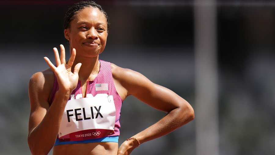 Allyson Felix, of the United States, reacts prior to the start in a semifinal of the women's 400-meters at the 2020 Summer Olympics, Wednesday, Aug. 4, 2021, in Tokyo. (AP Photo/Matthias Schrader)