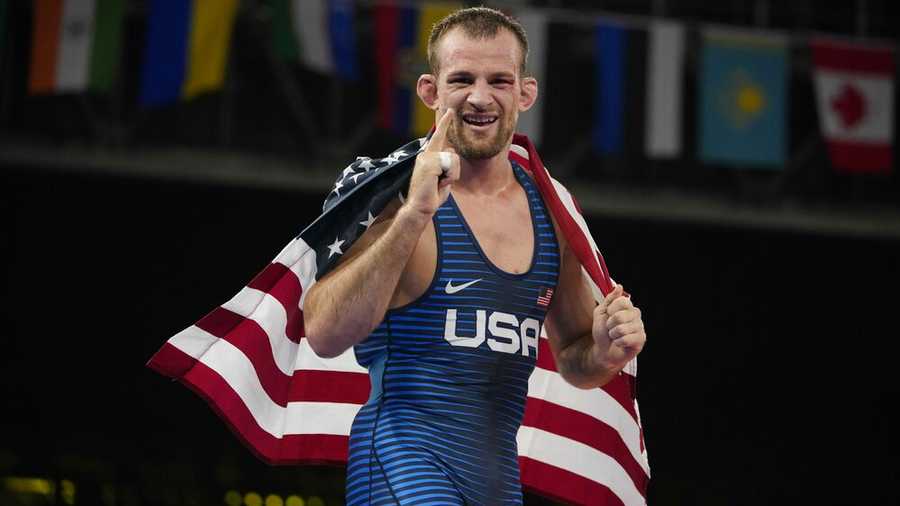 United States' David Morris Taylor III celebrates after defeating Iran's Hassan Yazdanicharati during the men's 86kg Freestyle wrestling final match at the 2020 Summer Olympics, Thursday, Aug. 5, 2021, in Tokyo, Japan. (AP Photo/Aaron Favila)