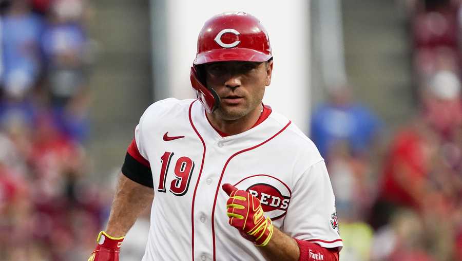 Cincinnati Reds' Joey Votto runs the bases after hitting a three-run home run during the second inning of the team's baseball game against the Pittsburgh Pirates in Cincinnati on Thursday, Aug. 5, 2021. (AP Photo/Jeff Dean)
