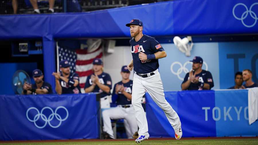 United States' Todd Frazier is introduce before the gold medal baseball game against Japan at the 2020 Summer Olympics, Saturday, Aug. 7, 2021, in Yokohama, Japan. (AP Photo/Sue Ogrocki)