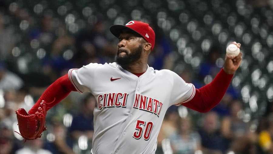 Cincinnati Reds relief pitcher Amir Garrett throws during the eighth inning of a baseball game against the Milwaukee Brewers Wednesday, Aug. 25, 2021, in Milwaukee. (AP Photo/Morry Gash)