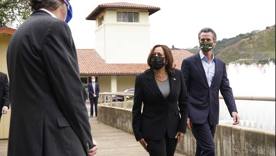 FILE - In this April 5, 2021, file photo, Vice President Kamala Harris, left, and California Gov. Gavin Newsom visit the Upper San Leandro Water Treatment Plant in Oakland, Calif. Harris canceled plans on Thursday, Aug. 26,2021 to campaign alongside Newsom as he faces a recall election. Harris had planned appear in the San Francisco Bay Area on Friday, Aug. 27, 2021. (AP Photo/Jacquelyn Martin, File)