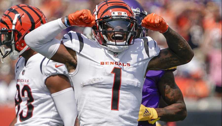 Cincinnati Bengals wide receiver Ja'Marr Chase (1) celebrates after making a catch against the Minnesota Vikings in the first half of an NFL football game, Sunday, Sept. 12, 2021, in Cincinnati. (AP Photo/Jeff Dean)