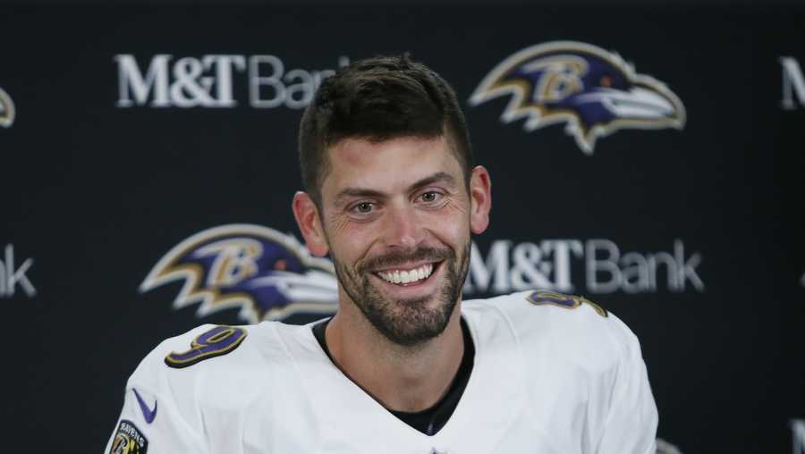 Baltimore Ravens kicker Justin Tucker smiles while speaking to the media after an NFL football game against the Detroit Lions in Detroit, Sunday, Sept. 26, 2021. Tucker kicked a 66-yard field goal to beat Detroit 19-17. (AP Photo/Duane Burleson)
