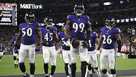 Baltimore Ravens linebacker Odafe Oweh (99) walks off the field after an  NFL football game against the New York Giants Sunday, Oct. 16, 2022, in  East Rutherford, N.J. (AP Photo/Adam Hunger Stock