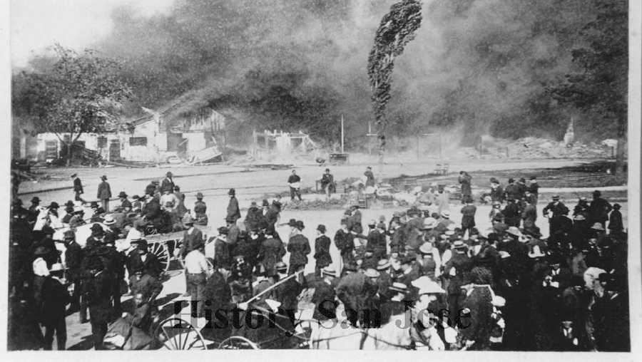 This May 4, 1887, photo provided by History San Jose, part of the History San Jose Photographic Collection, shows a fire at Market Street in Chinatown in San Jose, Calif. The city of San Jose was once home to one of the largest Chinatowns in California. More than a century after arsonists burned it to the ground in 1887, the San Jose City Council on Tuesday, Sept. 28, 2021, unanimously approved a resolution to apologize to Chinese immigrants and their descendants for the role the city played in “systemic and institutional racism, xenophobia, and discrimination.” (San Jose Research Library & Archives/History San Jose via AP)