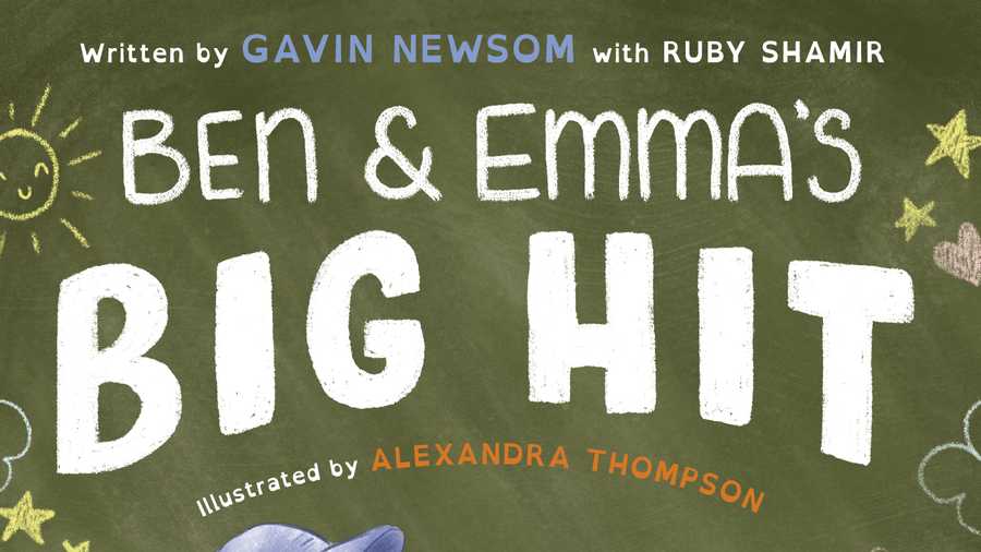 This cover image released by Penguin Young Readers shows “Ben and Emma’s Big Hit” written by by California Governor Gavin Newsom with Ruby Shamir and illustrated by Alexandra Thompson. The book is scheduled for release on Dec. 7, (Penguin Young Readers via AP)
