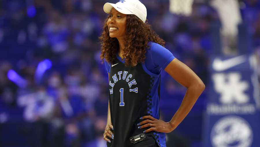 Kentucky women's coach Kyra Elzy watches players during the NCAA college basketball team's season kickoff event, Big Blue Madness, in Lexington, Ky., Friday, Oct. 15, 2021. (AP Photo/James Crisp)