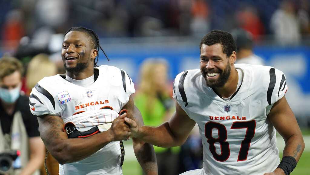 Cincinnati Bengals tight end C.J. Uzomah (87) lines up against the