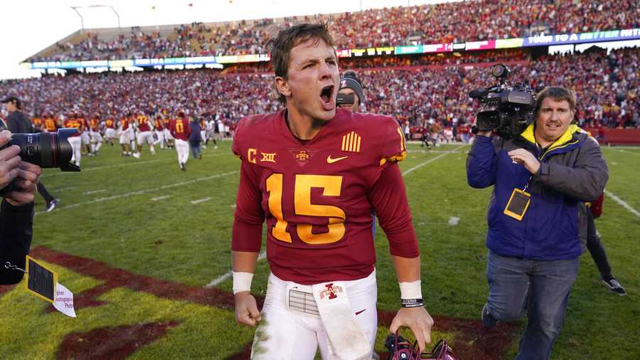 Iowa State quarterback Brock Purdy (15) celebrates after an NCAA college football game against Oklahoma State, Saturday, Oct. 23, 2021, in Ames, Iowa. Iowa State won 24-21. (AP Photo/Charlie Neibergall)