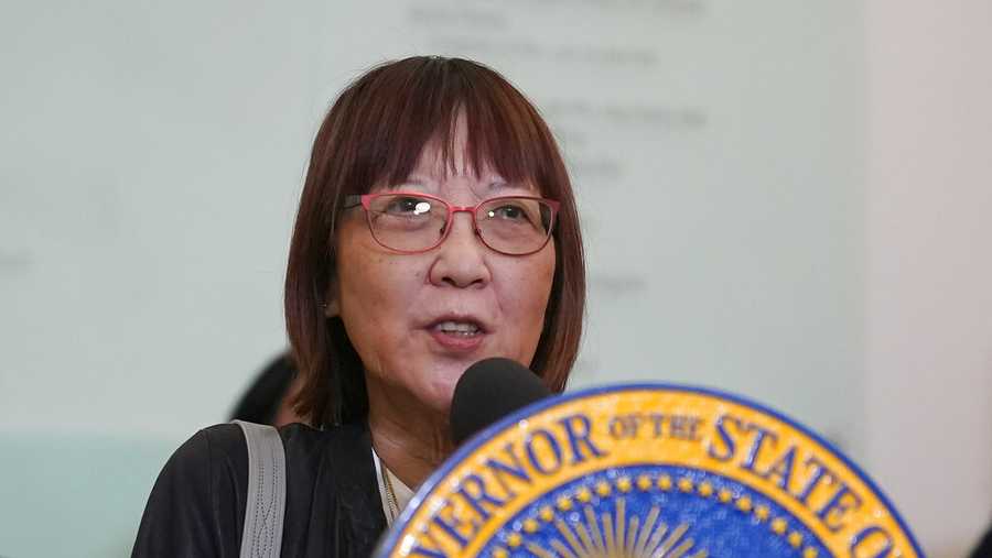 FILE - Alameda County Supervisor Wilma Chan speaks at Asian Health Services in Oakland, Calif., Wednesday, Oct. 27, 2021. Chan died Wednesday, Nov. 3 after being hit by a car while walking her dog, her office said. She was 72. (AP Photo/Jeff Chiu, File)