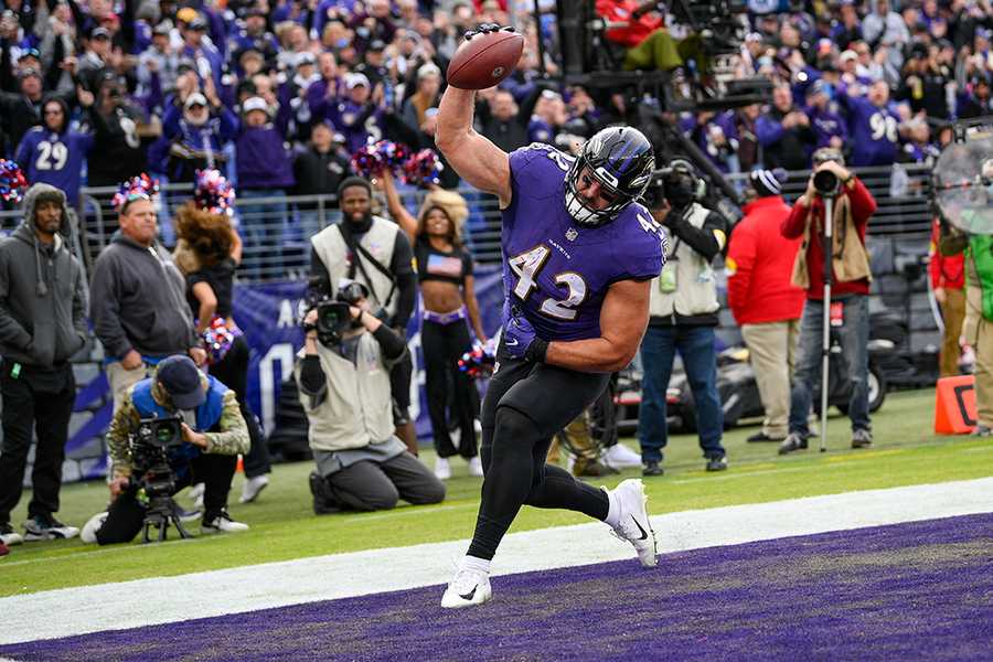 Baltimore Ravens fullback Patrick Ricard (42) celebrates his touchdown during the second half of an NFL football game against the Minnesota Vikings, Sunday, Nov. 7, 2021, in Baltimore. (AP Photo/Nick Wass)