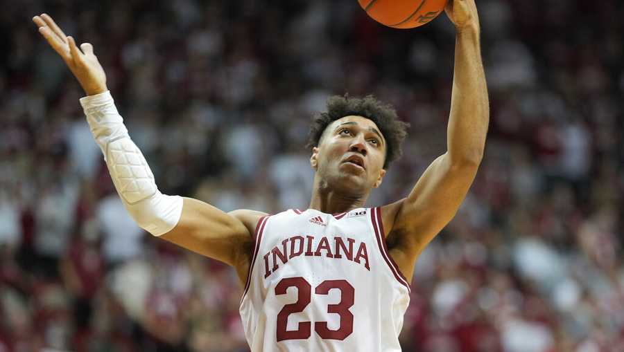 Indiana forward Trayce Jackson-Davis pulls down a rebound during the first half of the team&apos;s NCAA college basketball game against Eastern Michigan in Bloomington, Ind., Tuesday, Nov. 9, 2021. (AP Photo/AJ Mast)