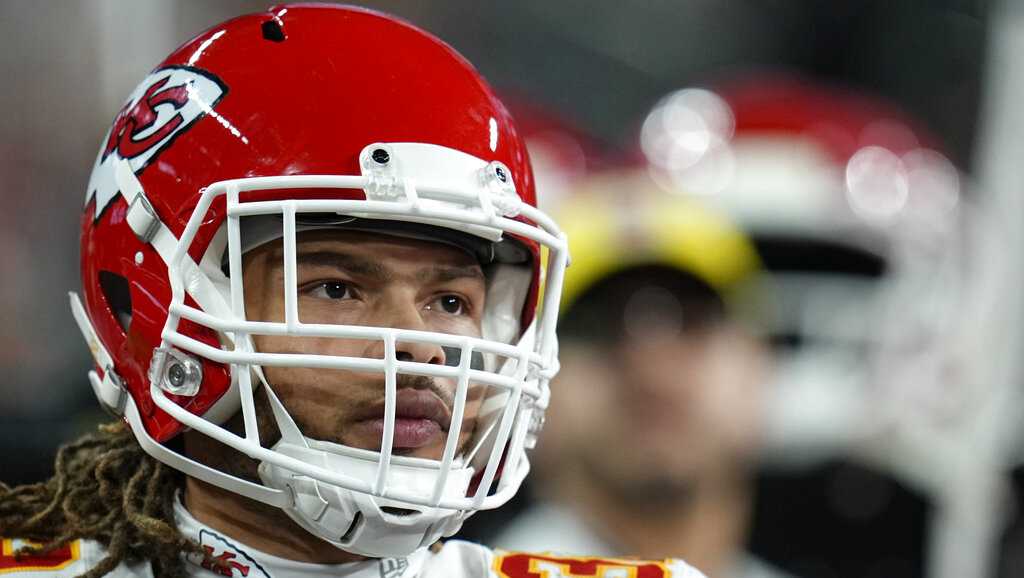 Kansas City Chiefs strong safety Tyrann Mathieu (32) wore a helmet with  Alton Sterling's name on the back during an NFL football game against the  New England Patriots, Monday, Oct. 5, 2020