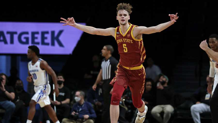 Iowa State&apos;s Aljaz Kunc (5) celebrates a 3-point basket against Memphis during the second half of an NCAA college basketball game in the NIT Season Tip-Off tournament Friday, Nov. 26, 2021, in New York. Iowa State won 78-59. (AP Photo/Adam Hunger)