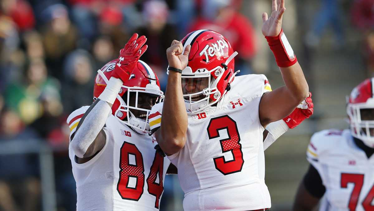 Maryland Terrapins wide receiver Rakim Jarrett celebrates after