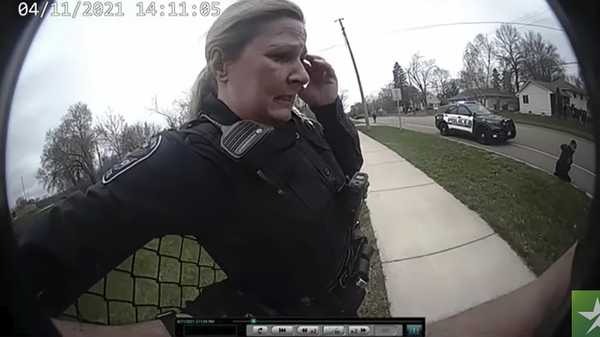 In this screen grab police body cam video is shown in court on Friday, Dec. 10, 2021 at Hennepin County Courthouse in Minneapolis, Minn., former Brooklyn Center police Officer Kim Potter reacts after a traffic stop in which Daunte Wright was shot on April 11, 2021.