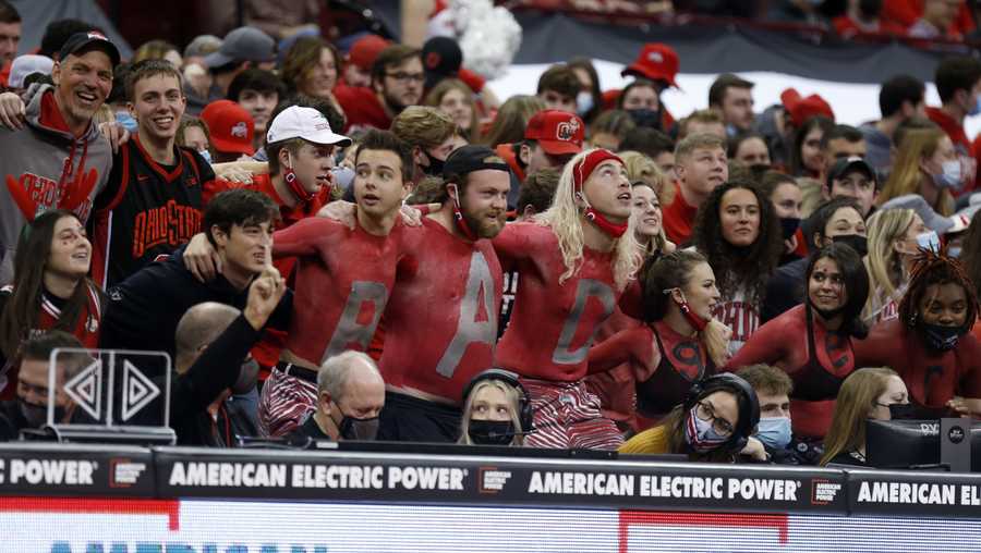 Ohio State fans are seen before an NCAA college basketball game against Wisconsin in Columbus, Ohio, Saturday, Dec. 11, 2021. Ohio State won 73-55. (AP Photo/Paul Vernon)