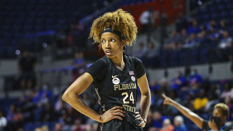 Florida State guard Morgan Jones (24) during the second half of an NCAA basketball game against Florida on Sunday, Dec. 12, 2021 in Gainesville, Fla. (AP Photo/Gary McCullough)