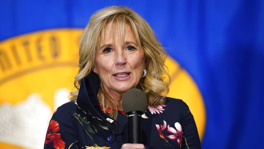 FILE - First lady Jill Biden speaks to families of sailors serving aboard the USS Delaware in Groton, Conn., Thursday, Dec. 9, 2021. Biden is planning to meet with families of victims and others who were at a Christmas parade in suburban Milwaukee where where several people were killed and dozens were injured after an SUV plowed through the crowd. (AP Photo/Bryan Woolston, File)