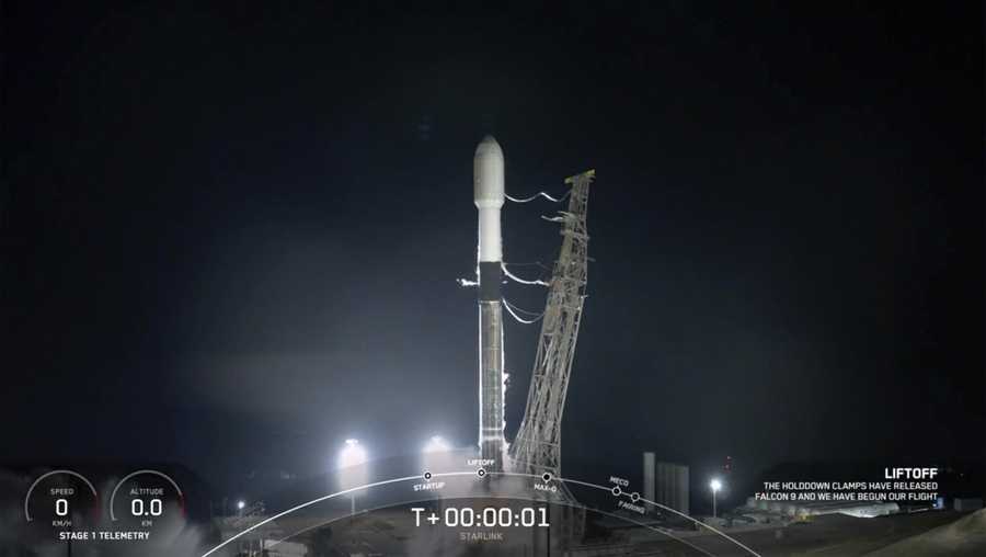 A SpaceX rocket launches from Vandenberg Space Force Base early Saturday, Dec. 18, 2021 at Vandenberg Space Force Base in California.  The Falcon’s first stage successfully returned and landed on a SpaceX droneship in the ocean. It was the 11th launch and recovery of the stage, marking a milestone in reusability. The second stage continued into orbit and deployed the satellites.  (SpaceX via AP)
