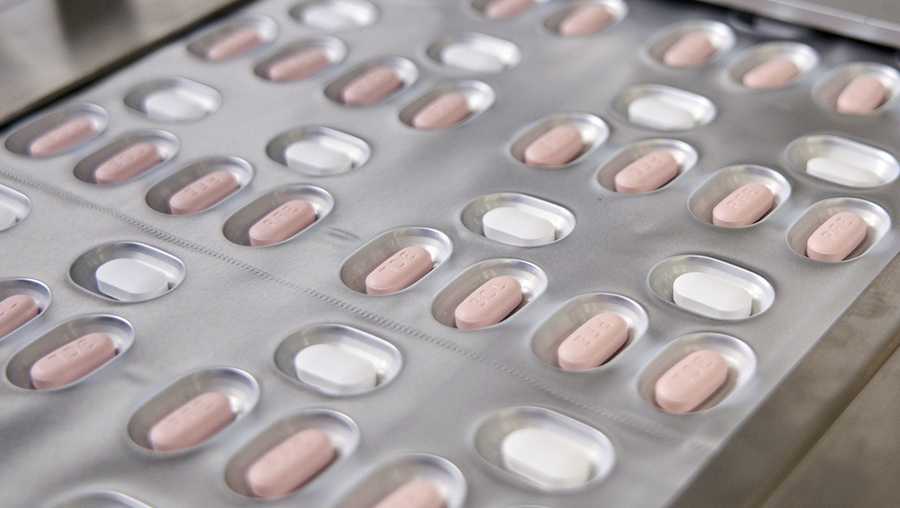 This image provided by Pfizer in October 2021 shows the company&apos;s COVID-19 Paxlovid pills. Newly infected COVID-19 patients have two new treatment options that can be taken at home. But that convenience comes with a catch: The pills have to be taken as soon as possible once symptoms appear. (Pfizer via AP)