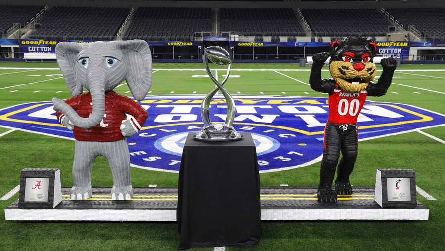 IMAGE DISTRIBUTED FOR GOODYEAR - Ahead of the 86th Goodyear Cotton Bowl Classic, Goodyear continues its tradition of creating statues of the participating teams&apos; mascots, made of its tires at AT&T Stadium on Tuesday, Dec. 28, 2021 in Arlington, Texas. The artwork embodies the dedication to outstanding performance built into each Goodyear tire and reflects the drive both teams displayed this season to reach the College Football Playoff Semifinal. (Richard Rodriguez/AP Images for Goodyear)