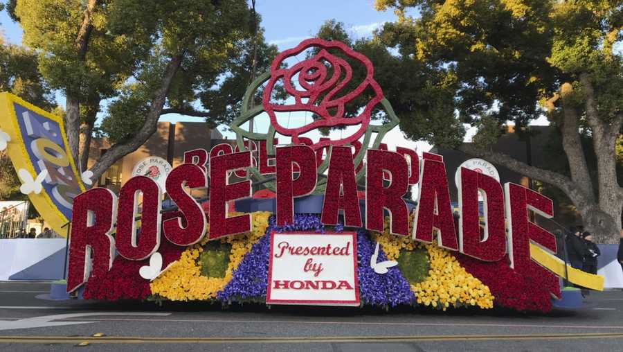 FILE - In this Jan. 1, 2020, file photo, a 2020 Rose Parade float is seen at the start of the route at the 131st Rose Parade in Pasadena, Calif. The Rose Parade and Rose Bowl college football game between Ohio State and Utah were set to go forward on New Year&apos;s Day despite surging cases of COVID-19, which forced the cancelation of the 2021 parade. (AP Photo/Michael Owen Baker, File)