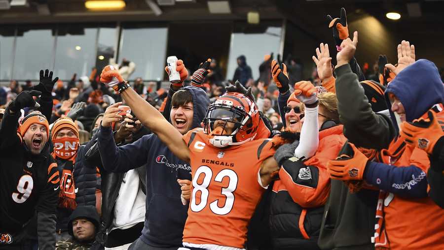 Cincinnati Bengals wide receiver Tyler Boyd (83) celebrates a touchdown with fans during the second half of an NFL football game against the Kansas City Chiefs, Sunday, Jan. 2, 2022, in Cincinnati. (AP Photo/Emilee Chinn)