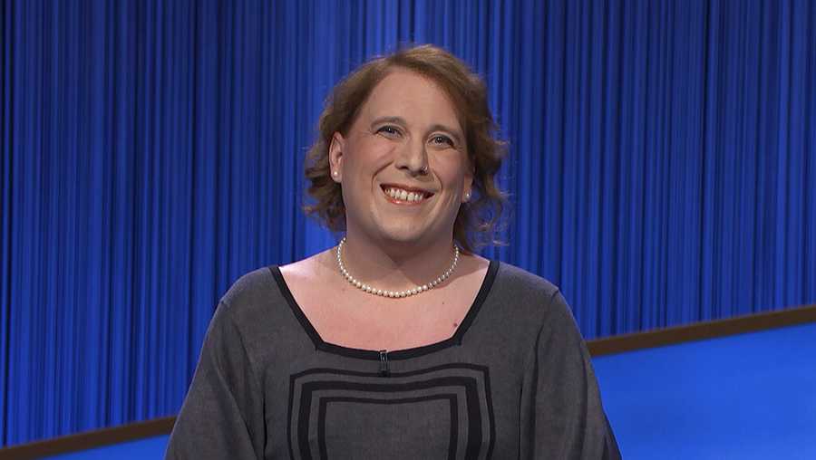 FILE - This image provided by Jeopardy Productions, Inc. shows game show champion Amy Schneider on the set of "Jeopardy!" Schneider the reigning "Jeopardy!" champion was robbed at gunpoint over New Year&apos;s weekend in Oakland, Calif. (Jeopardy Productions, Inc. via AP,File)