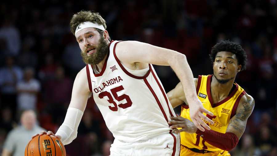 Oklahoma forward Tanner Groves (35) drives the ball away from Iowa State guard Tyrese Hunter (11) during the second half of an NCAA college basketball game Saturday, Jan. 8, 2022, in Norman, Okla. (AP Photo/Garett Fisbeck)