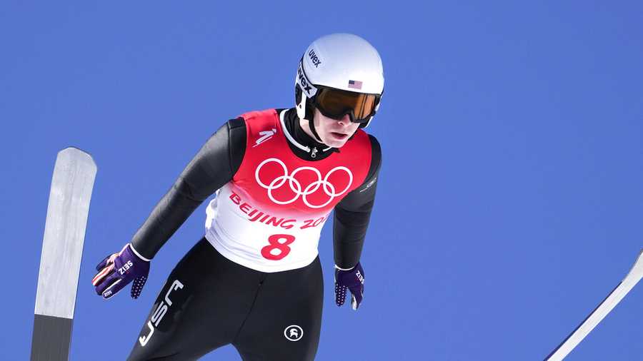 Ski jumping Patrick Gasienica, of the United States, soars through the air during the men's normal hill individual ski jumping trial round at the 2022 Winter Olympics, Saturday, Feb. 5, 2022, in Zhangjiakou, China. (AP Photo/Andrew Medichini)