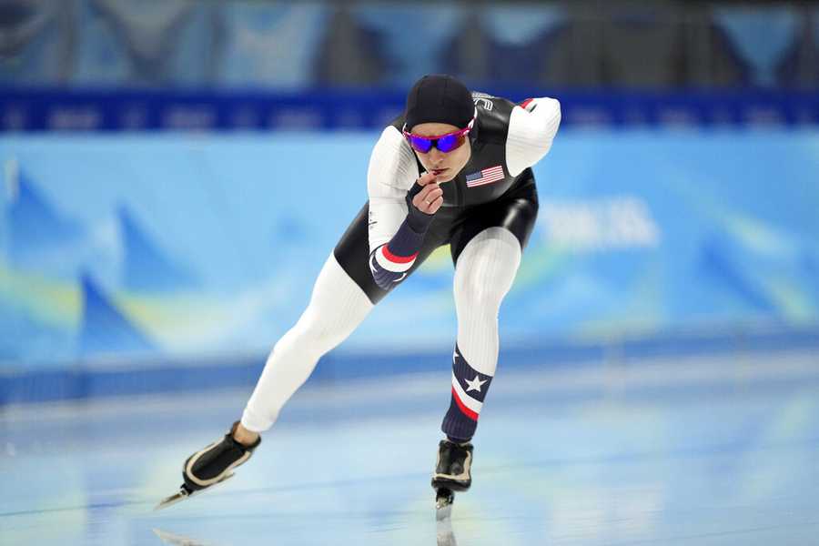 Speedskating Mia Kilburg of the United States competes in the women's speedskating 3,000-meter race at the 2022 Winter Olympics, Saturday, Feb. 5, 2022, in Beijing. (AP Photo/Ashley Landis)